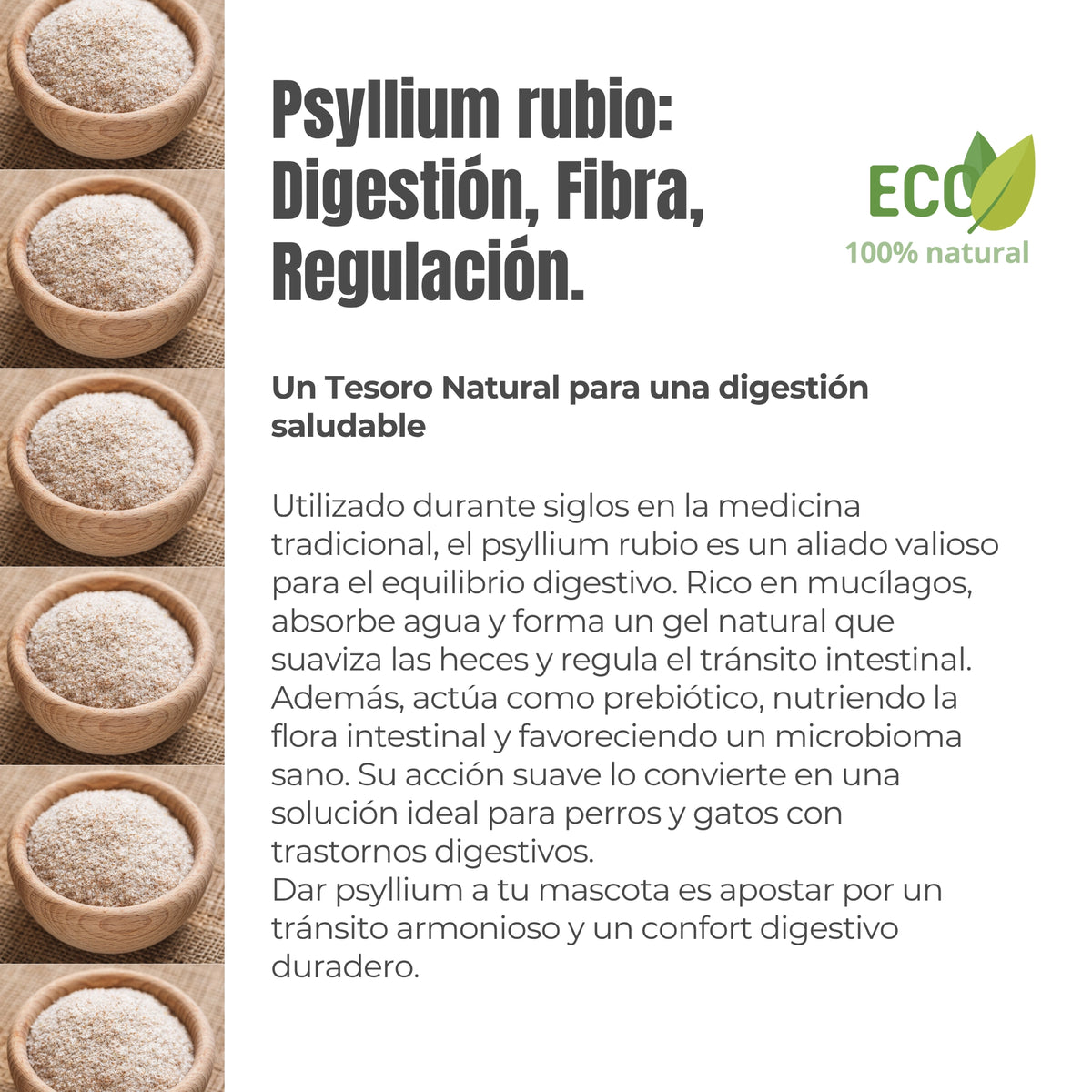 Psyllium rubio ECO para perros y gatos rico en fibra soluble y mucílagos naturales, utilizado para apoyar la digestión, el equilibrio de la flora intestinal y la regulación del tránsito intestinal – ANTON LC