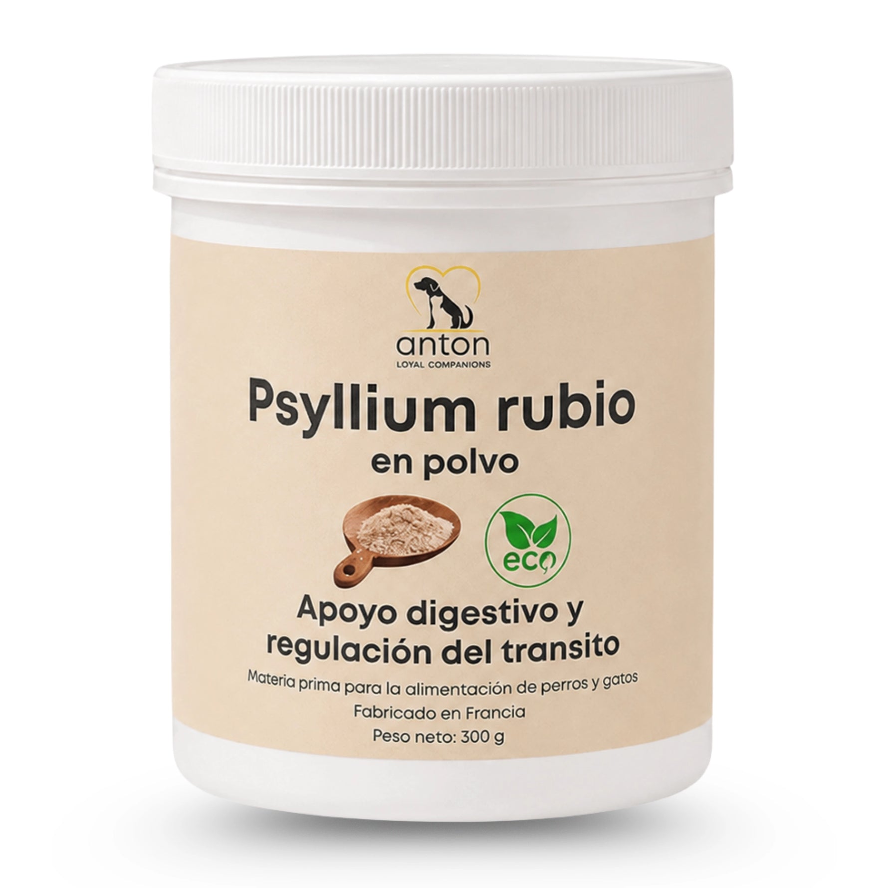 Suplemento natural Psyllium rubio en polvo ECO para perros y gatos con apoyo digestivo y regulación del tránsito intestinal – producto certificado BIO UE ANTON LC