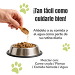 Modo de uso del psyllium para perros y gatos, mezclado con la comida o el agua como suplemento natural diario
