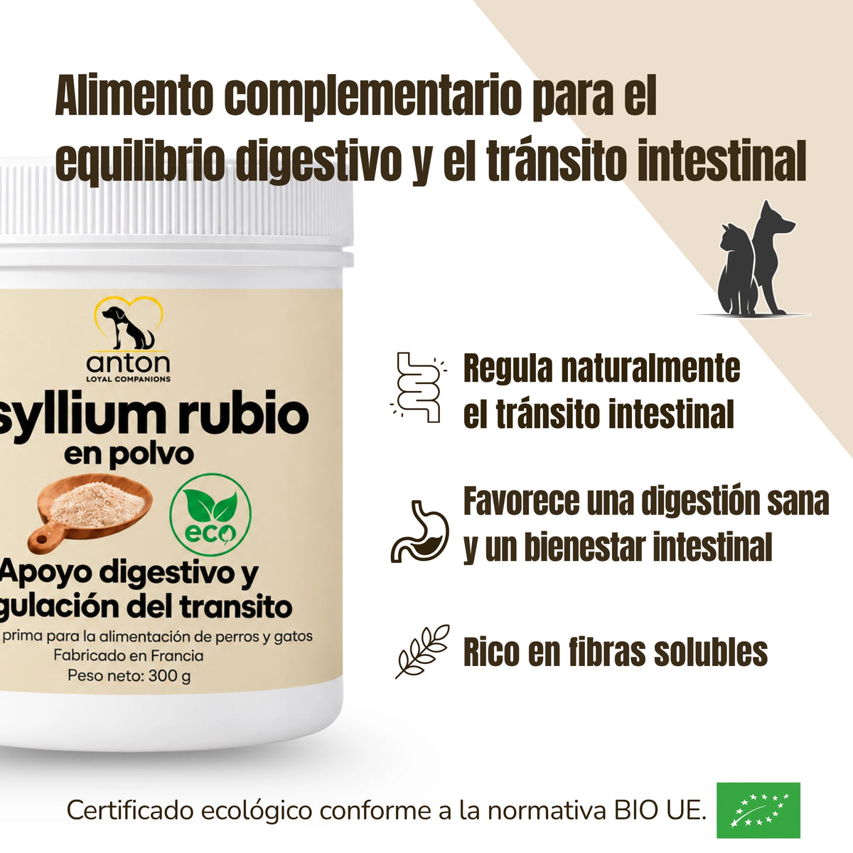 Psyllium rubio BIO de ANTON Loyal Companions para perros y gatos, rico en fibras solubles, apoyo al equilibrio digestivo y regulación natural del tránsito intestinal.