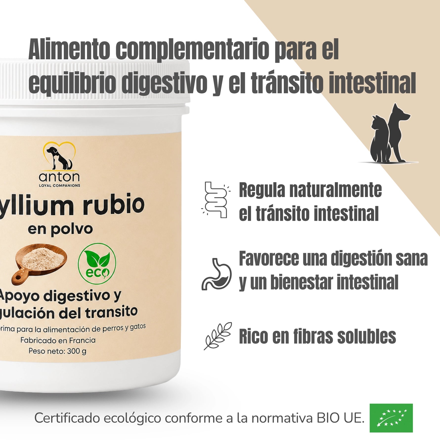 Psyllium rubio BIO para perros y gatos, rico en fibras solubles para favorecer el equilibrio digestivo y el tránsito intestinal