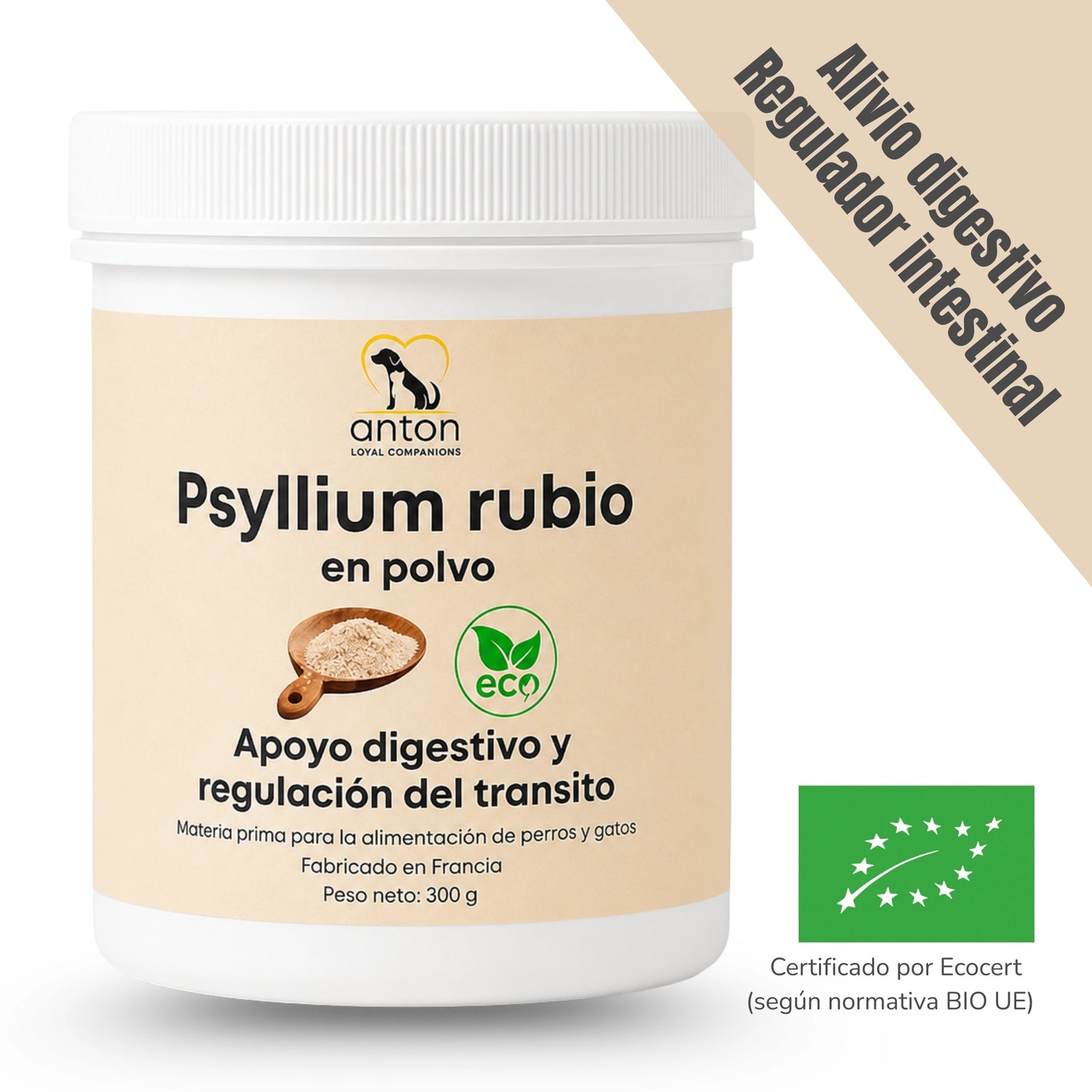 Psyllium rubio BIO en polvo para perros y gatos, apoyo digestivo y regulación del tránsito intestinal, certificado por Ecocert