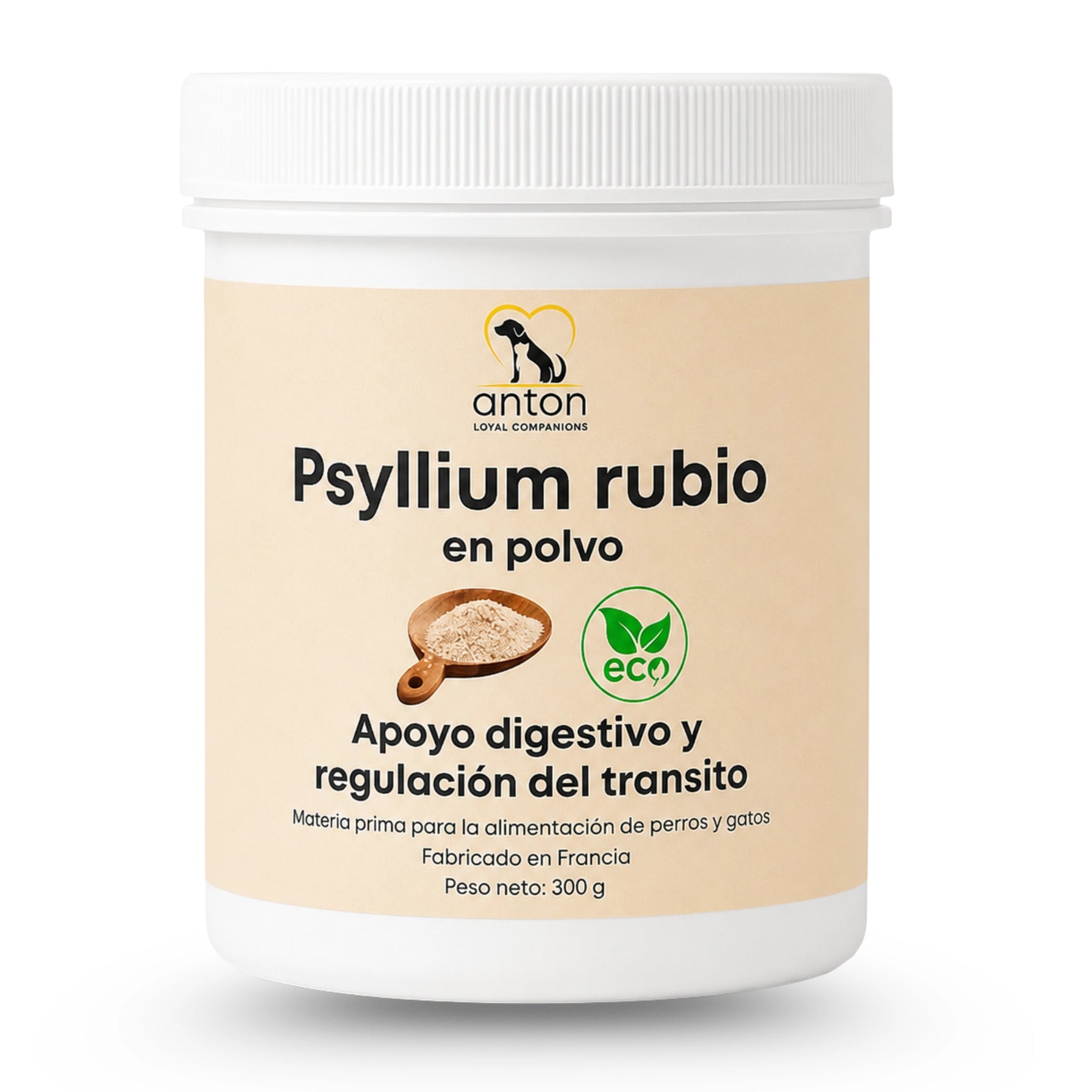 Bote de Psyllium rubio BIO en polvo para perros y gatos, apoyo digestivo y regulación del tránsito, 300 g