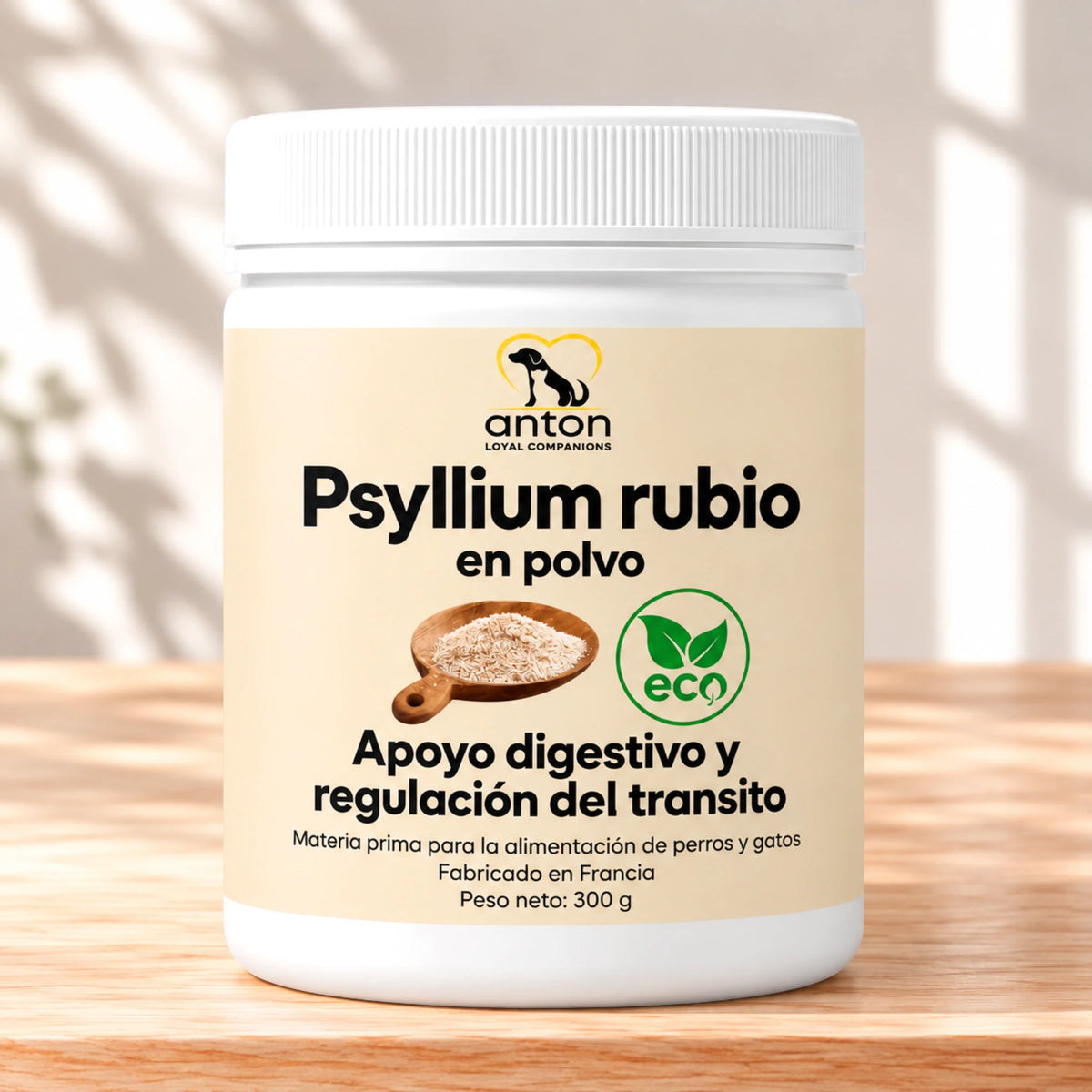 Psyllium rubio ECO en polvo ANTON Loyal Companions para perros y gatos, apoyo digestivo y regulación del tránsito. Bote de 300 g, fabricado en Francia.