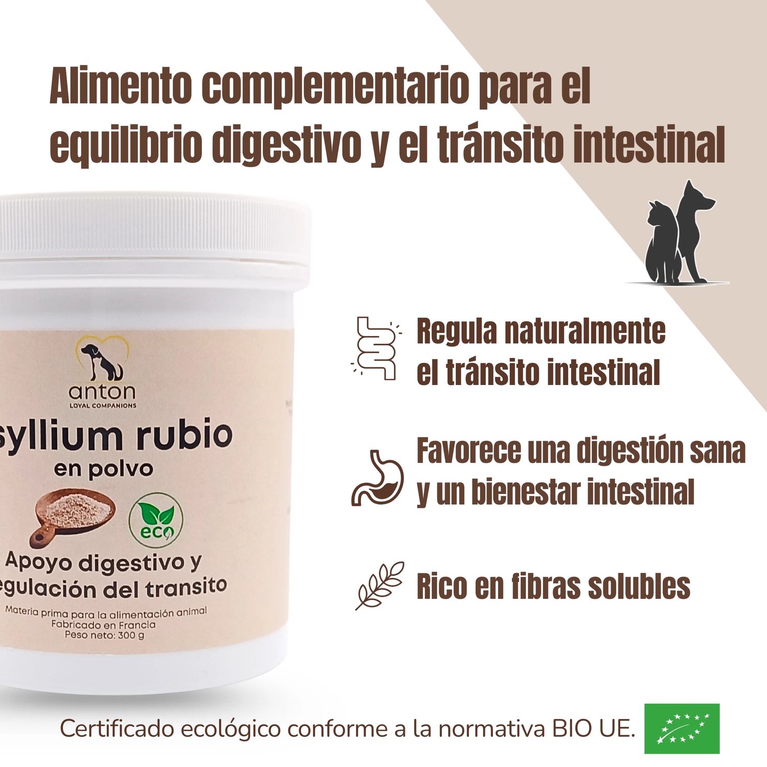 Psyllium rubio en polvo Anton Loyal Companions, alimento complementario para el equilibrio digestivo y la regulación del tránsito intestinal en perros y gatos.