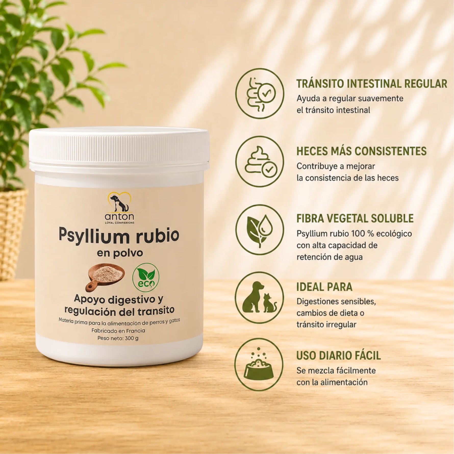 Psyllium rubio ecológico para perros y gatos, apoyo natural para regular el tránsito intestinal y mejorar la consistencia de las heces.