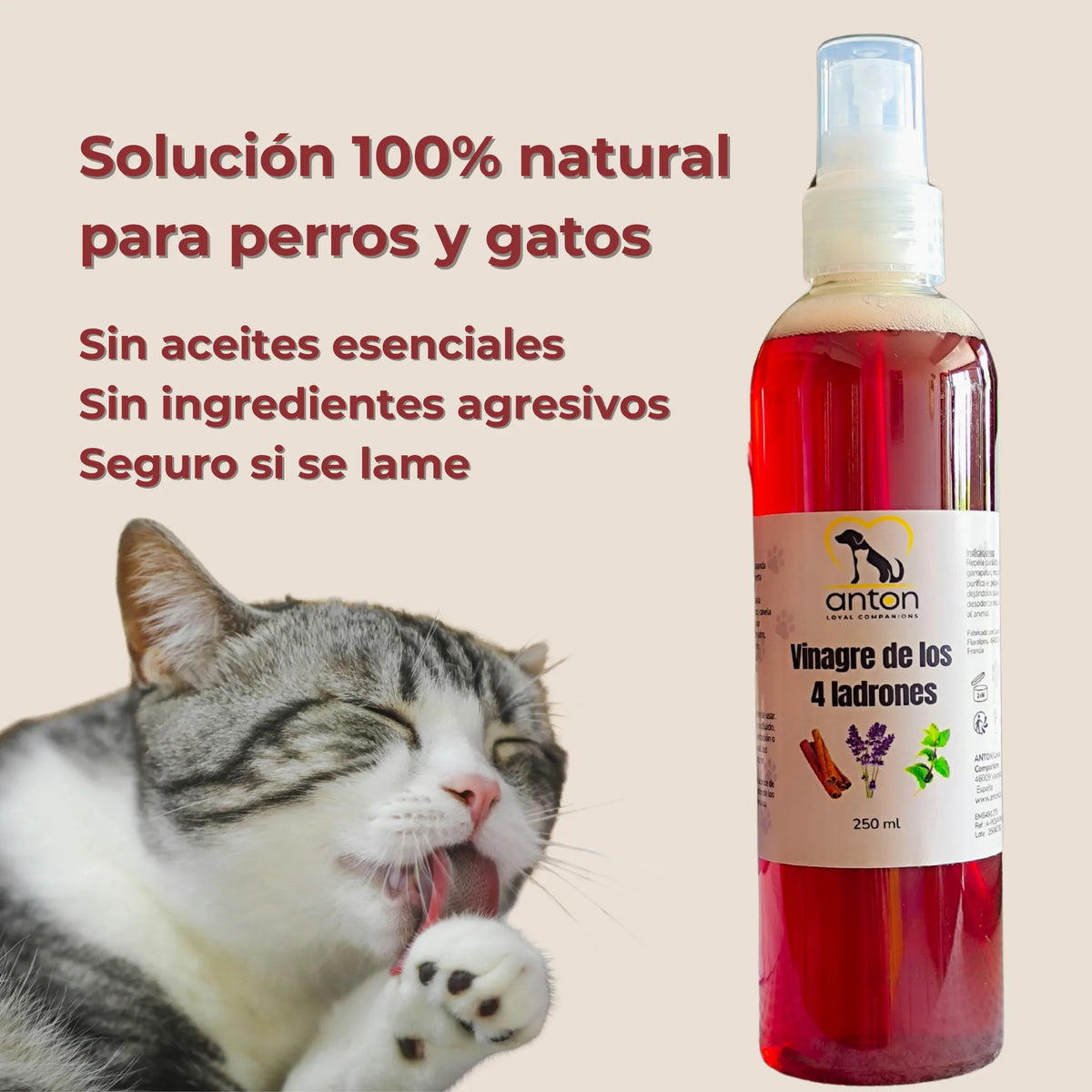Solución 100% natural sin aceites esenciales ni ingredientes agresivos, segura si se lame