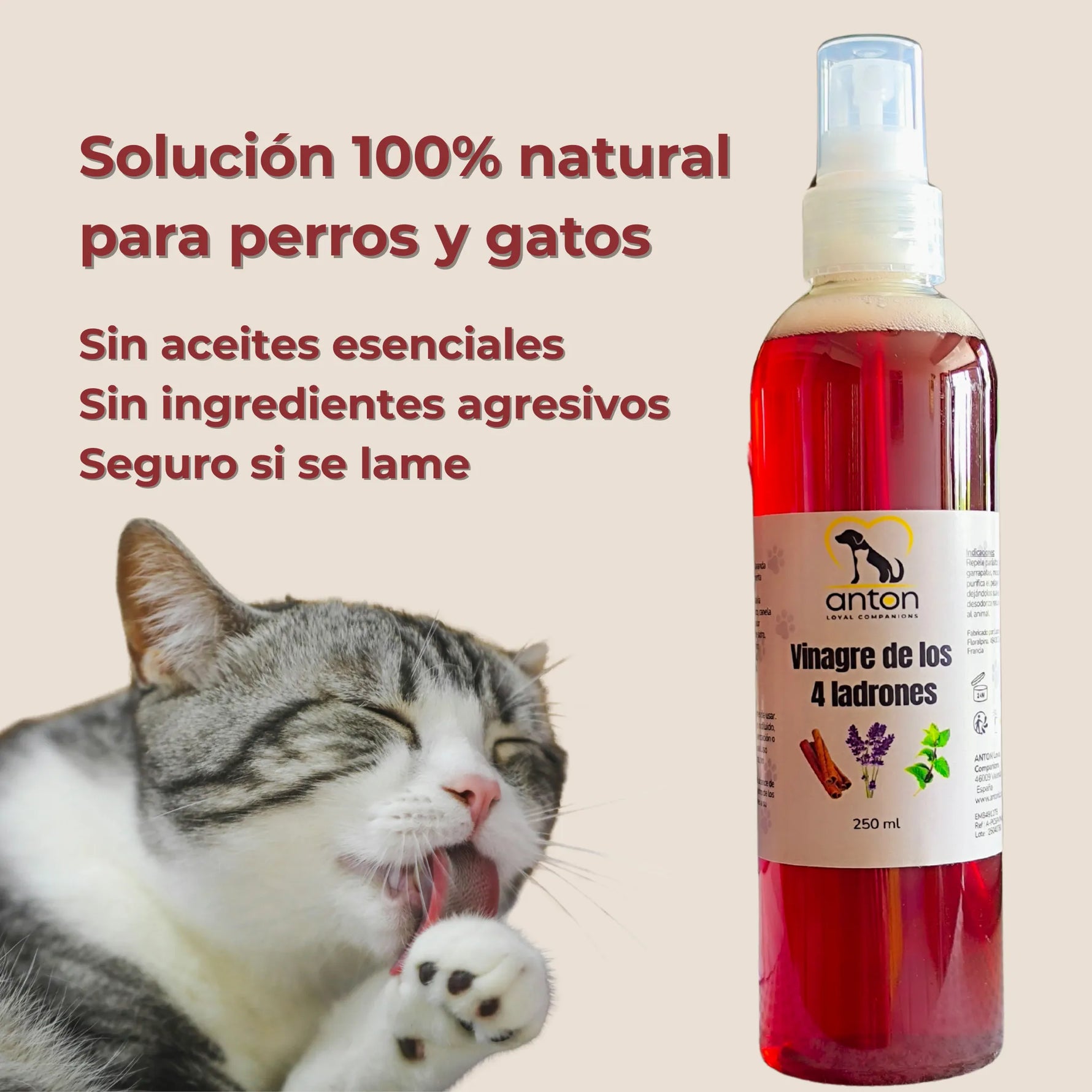 Solución 100% natural sin aceites esenciales ni ingredientes agresivos, segura si se lame
