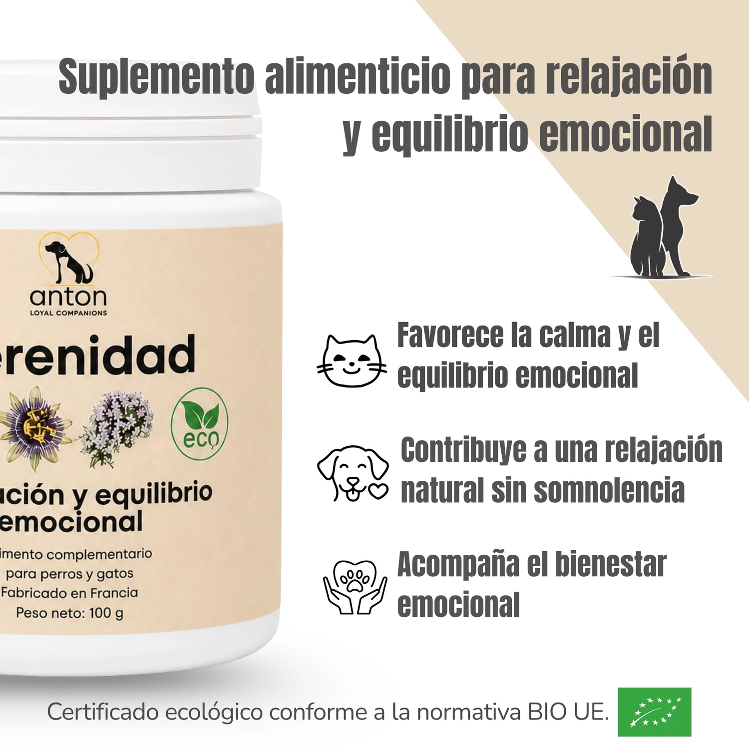Serenidad BIO para perros y gatos, complemento alimentario para favorecer la calma, la relajación natural y el equilibrio emocional.