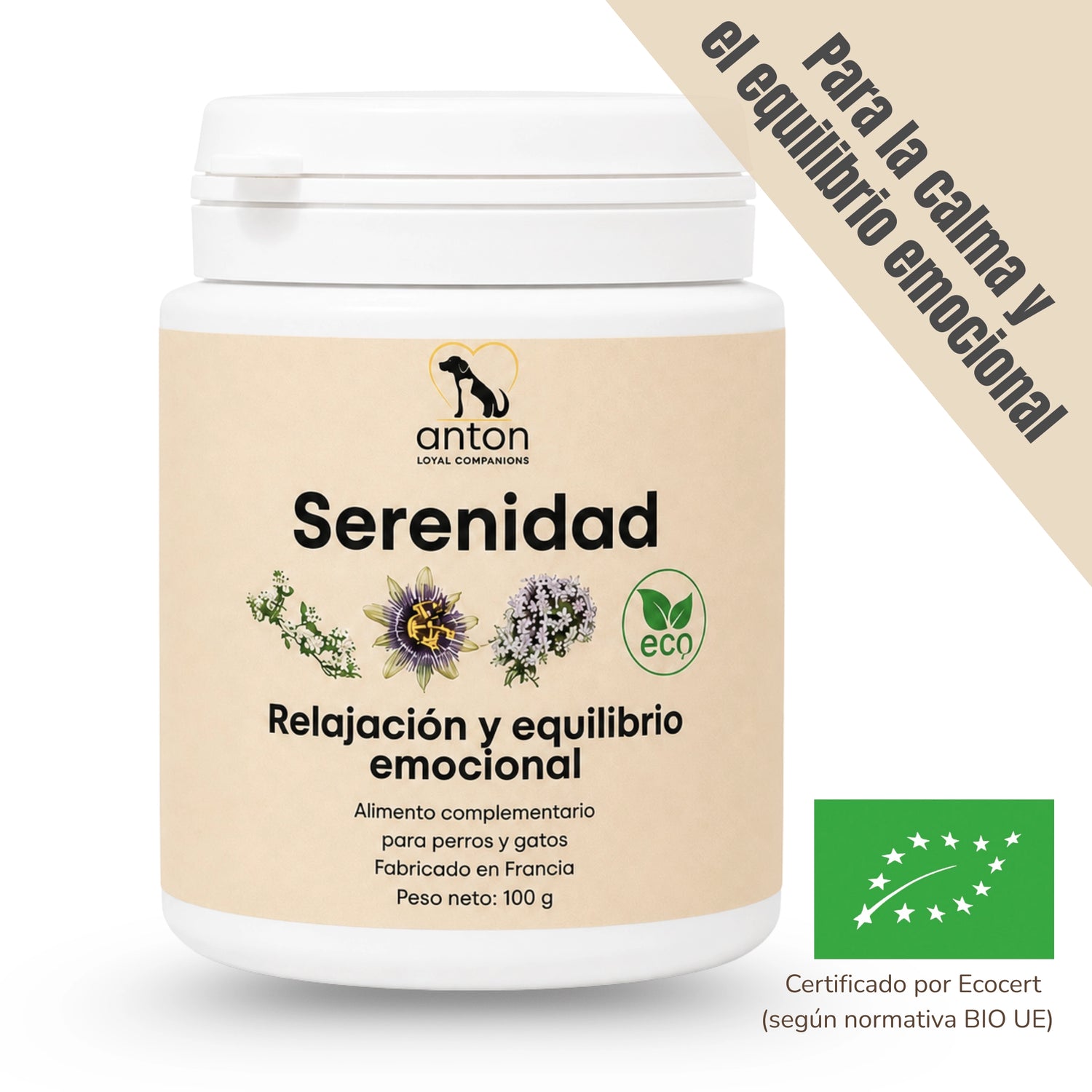 Serenidad BIO para perros y gatos, complemento alimentario para favoriser la relajación y el equilibrio emocional, certificado por Ecocert.