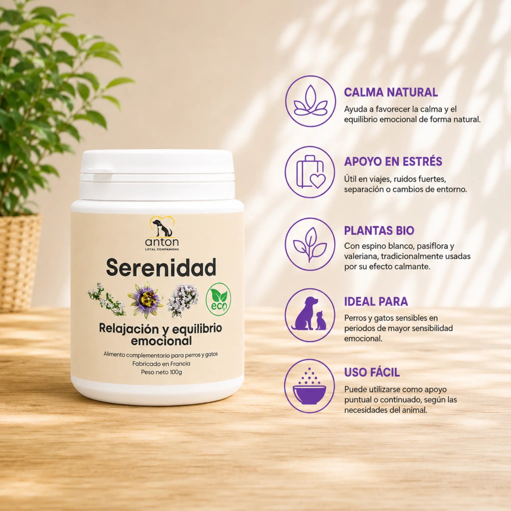 Serenidad BIO para perros y gatos, fórmula con plantas para favorecer la calma y el equilibrio emocional de forma natural.