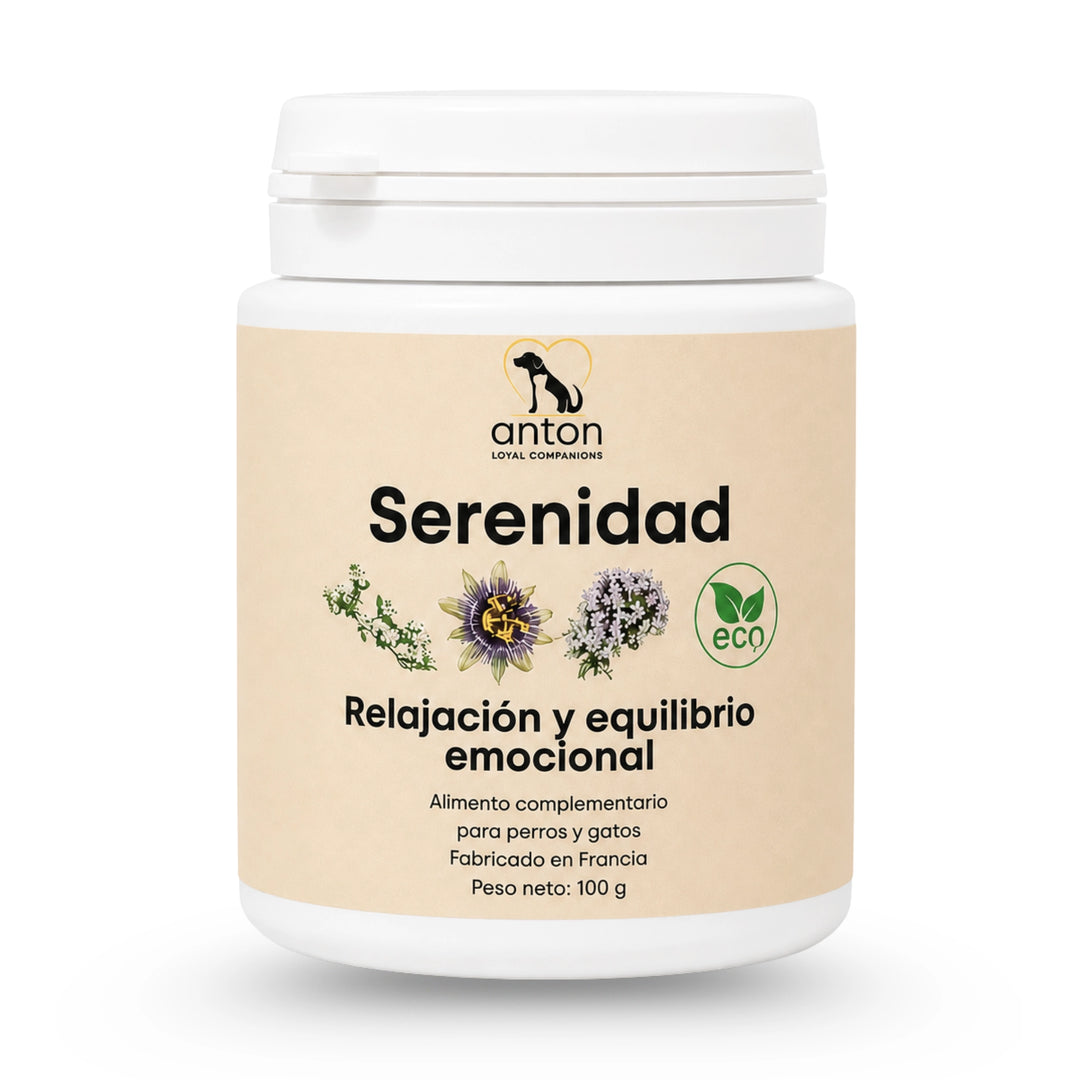 Bote de Serenidad BIO para perros y gatos, complemento alimentario para favorecer la relajación y el equilibrio emocional.