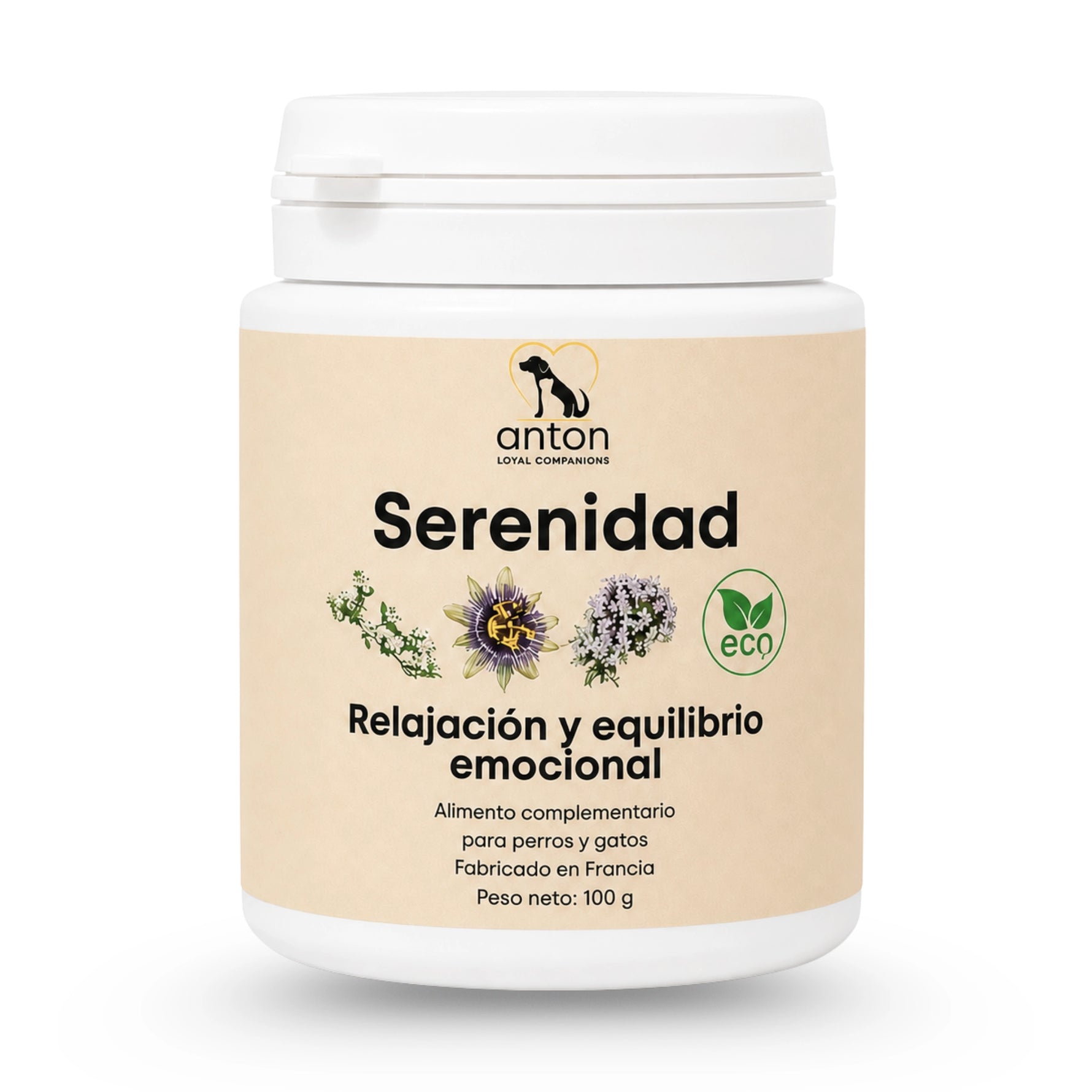 Bote de Serenidad BIO para perros y gatos, complemento alimentario para favorecer la relajación y el equilibrio emocional.