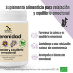 Infografía de Serenidad ECO ANTON para perros y gatos, con certificación ecológica europea. Presenta sus beneficios para la calma, la relajación natural sin somnolencia y el equilibrio emocional.