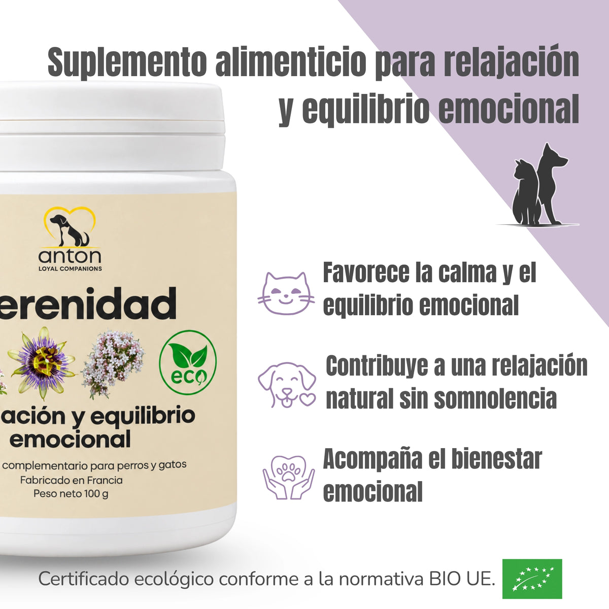 Infografía de Serenidad ECO ANTON para perros y gatos, con certificación ecológica europea. Presenta sus beneficios para la calma, la relajación natural sin somnolencia y el equilibrio emocional.