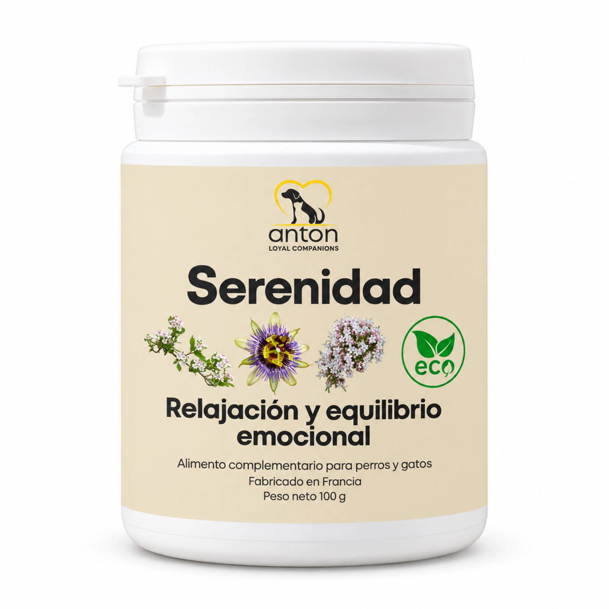 Envase de Serenidad ECO ANTON de 100 g para perros y gatos, complemento alimentario elaborado en Francia para favorecer la relajación et l'équilibre émotionnel.