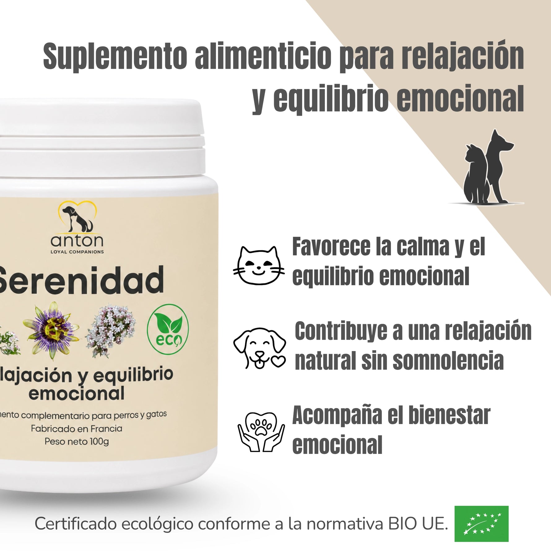 Imagen informativa del suplemento natural Serenidad ECO para perros y gatos. Presenta los principales beneficios relacionados con la calma y el equilibrio emocional, ayudando a acompañar situaciones de estrés ocasional y favoreciendo el bienestar emocional diario con ingredientes ecológicos certificados.