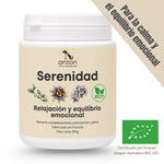 Suplemento natural Serenidad ECO para perros y gatos. Imagen del envase con certificación ecológica Ecocert y mensajes orientados a acompañar la calma y el equilibrio emocional en animales sensibles, durante cambios de rutina o situaciones de estrés ocasional.