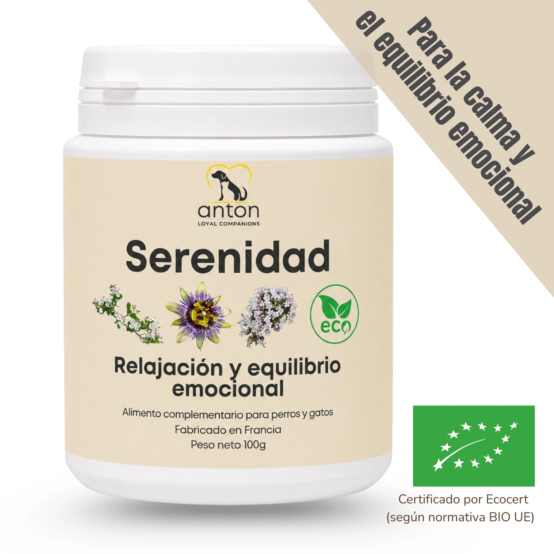 Suplemento natural Serenidad ECO para perros y gatos. Imagen del envase con certificación ecológica Ecocert y mensajes orientados a acompañar la calma y el equilibrio emocional en animales sensibles, durante cambios de rutina o situaciones de estrés ocasional.