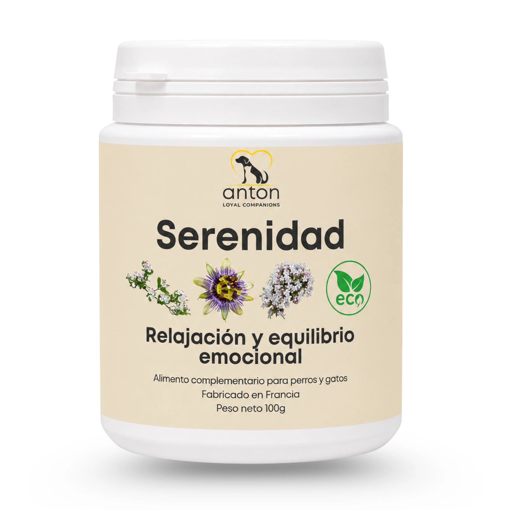 Envase del suplemento natural Serenidad ECO para perros y gatos sobre fondo blanco. Fórmula ecológica orientada a acompañar la relajación y el equilibrio emocional, elaborada con ingredientes tradicionalmente utilizados para favorecer el bienestar diario de animales sensibles o en situaciones de estrés ocasional.