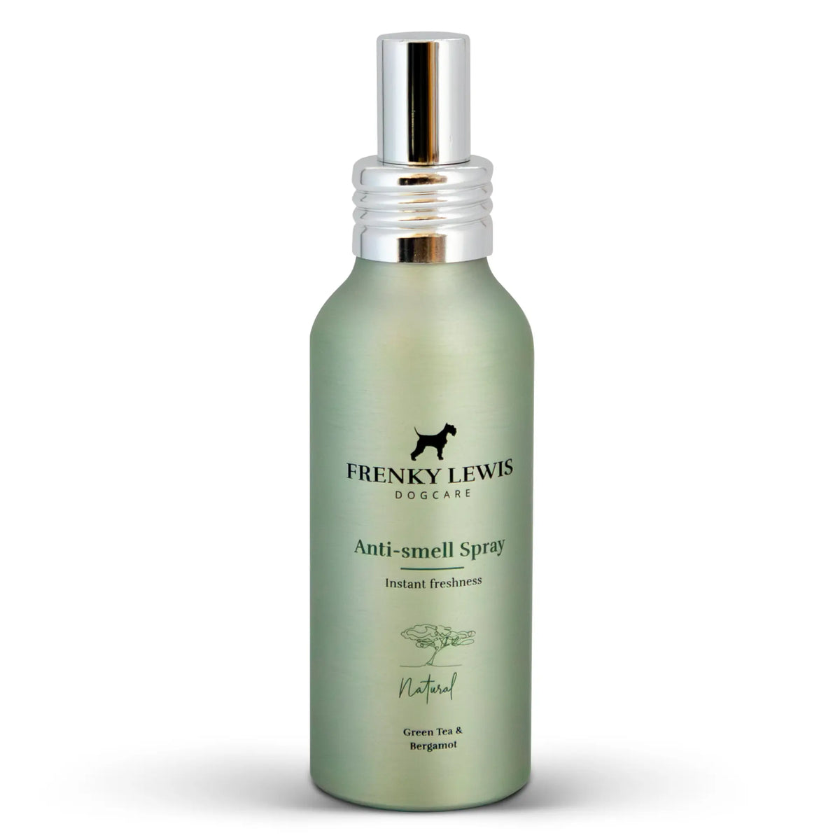 Spray antiolor Frenky Lewis Green Tea & Bergamot para perros, en envase verde con pulverizador plateado, sobre fondo blanco.