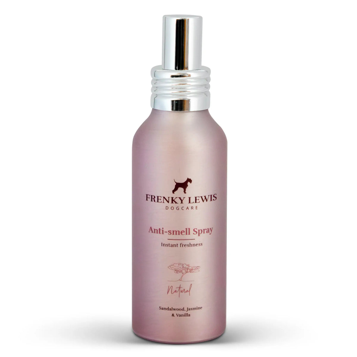 Spray antiolor Frenky Lewis Sandalwood, Jasmine & Vanilla para perros, en envase rosa con pulverizador plateado, sobre fondo blanco.
