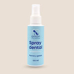 Spray dental natural para perros y gatos de ANTON Loyal Companions, frasco de 100 ml sobre fondo beige.