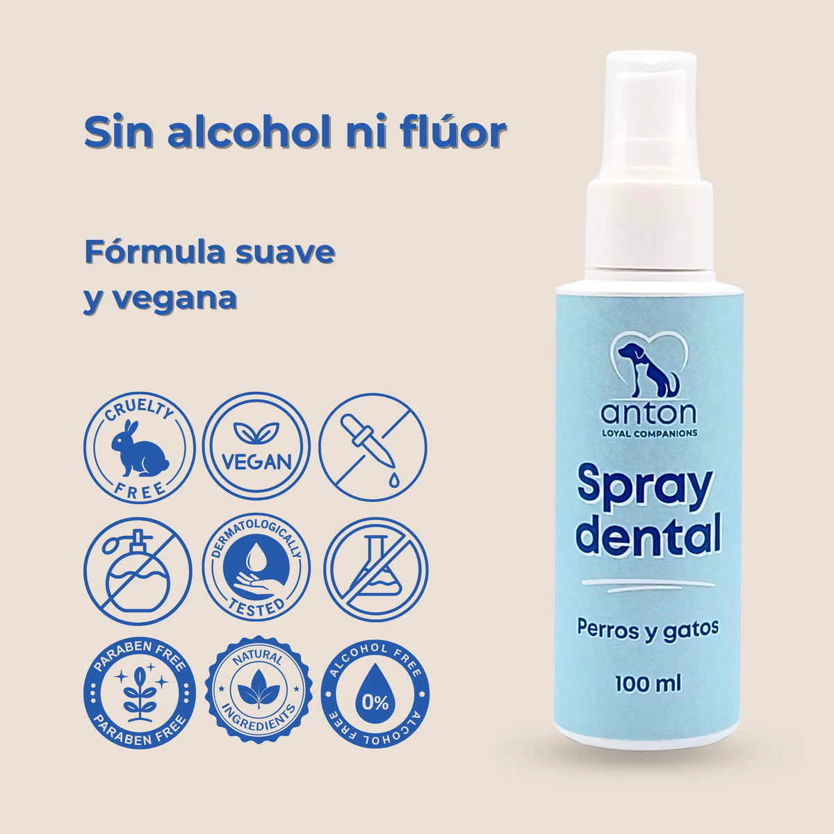Spray dental natural para perros y gatos de ANTON Loyal Companions, sin alcohol ni flúor, con fórmula suave y vegana e iconos cruelty free y dermatológicamente testado.