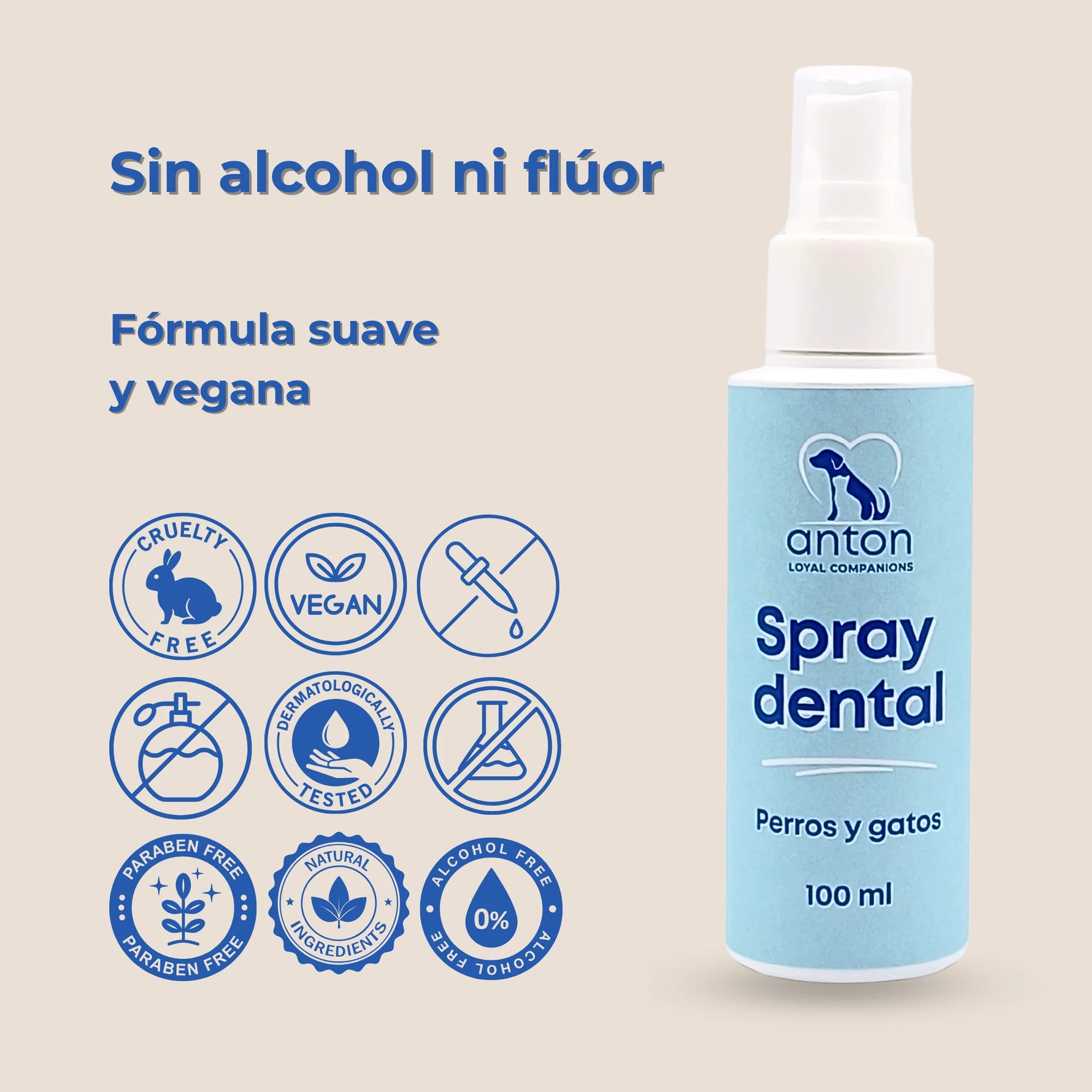 Spray dental natural para perros y gatos de ANTON Loyal Companions, sin alcohol ni flúor, con fórmula suave y vegana e iconos cruelty free y dermatológicamente testado.
