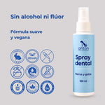 Spray dental natural para perros y gatos con fórmula vegana, sin alcohol ni flúor, diseñado para una higiene bucal suave y de uso diario.