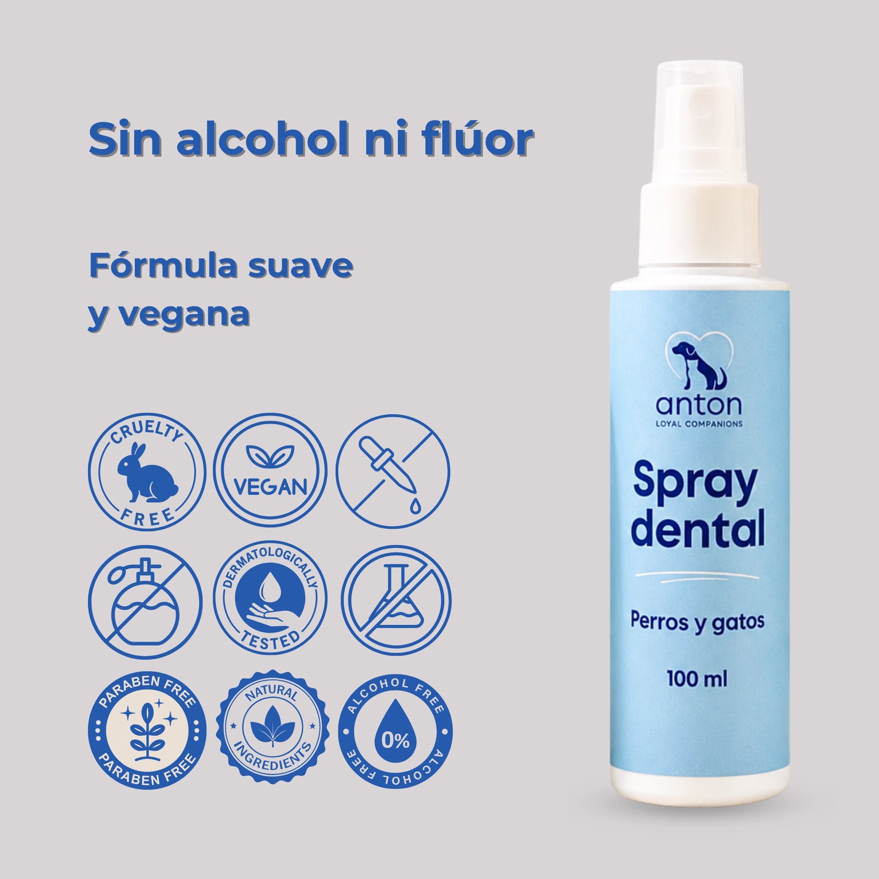 Spray dental natural para perros y gatos con fórmula vegana, sin alcohol ni flúor, diseñado para una higiene bucal suave y de uso diario.