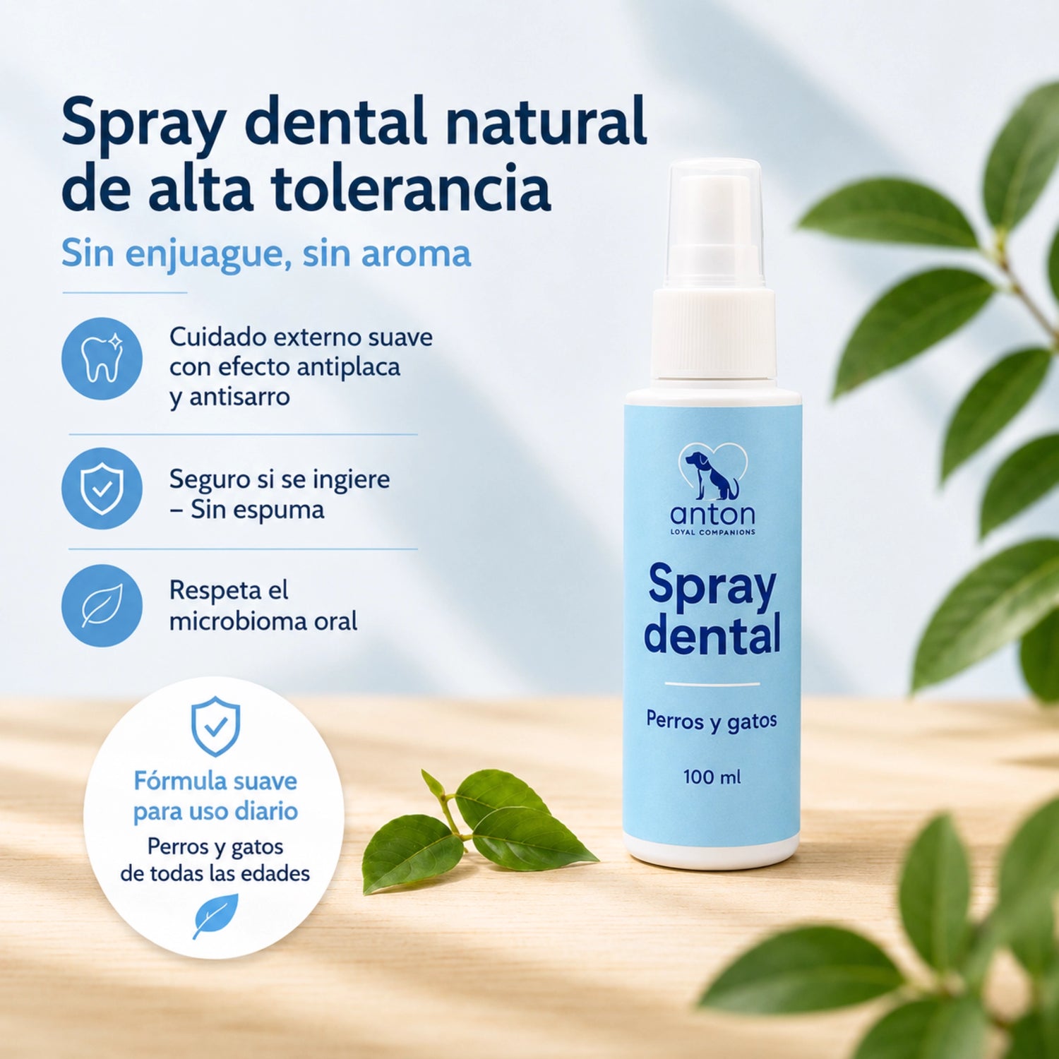 Spray dental natural para perros y gatos que ayuda a mantener la higiene bucal diaria, favorecer un aliento más fresco y respetar el equilibrio del microbioma oral.