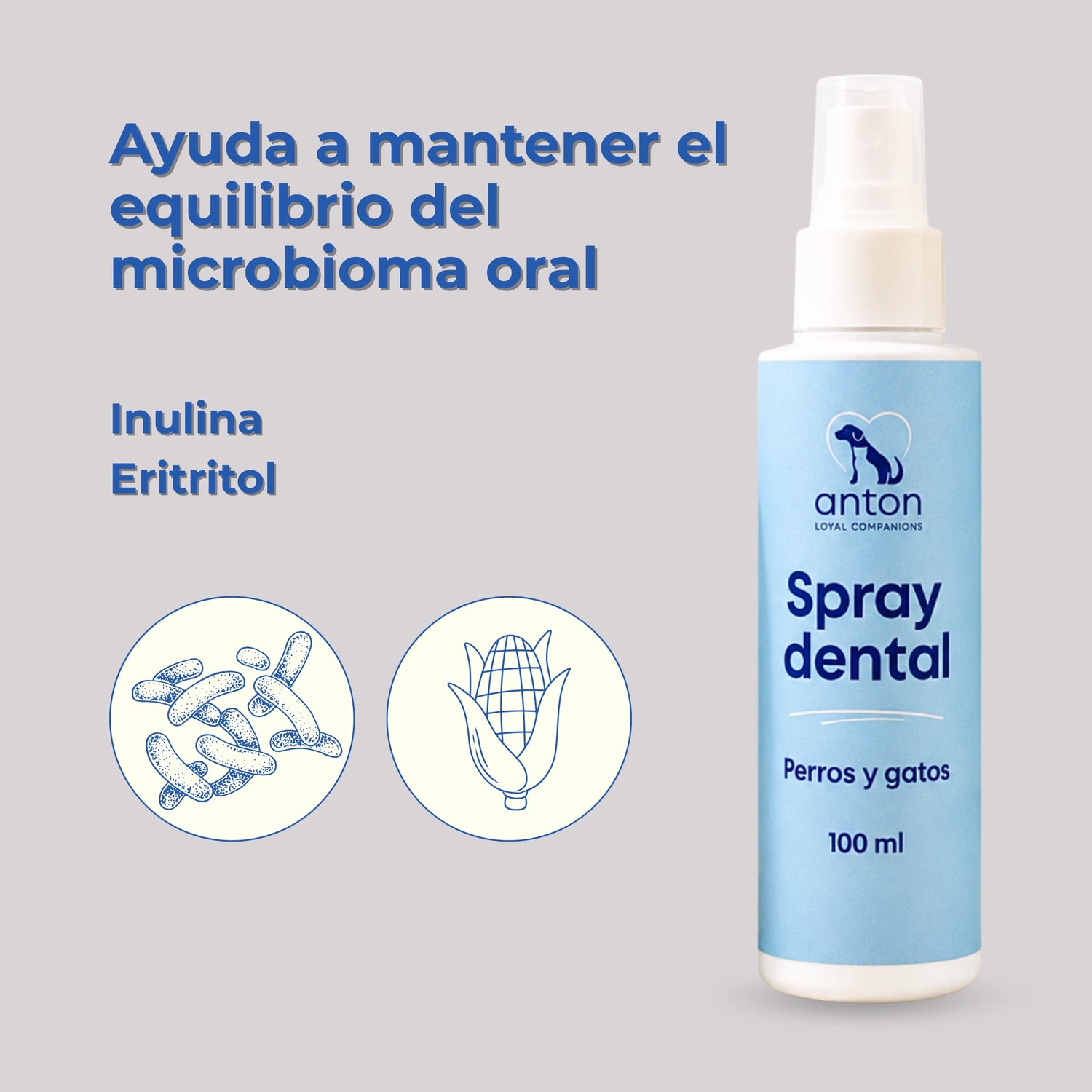 Spray dental natural para perros y gatos con inulina y eritritol que ayuda a mantener el equilibrio del microbioma oral y una buena higiene bucal.