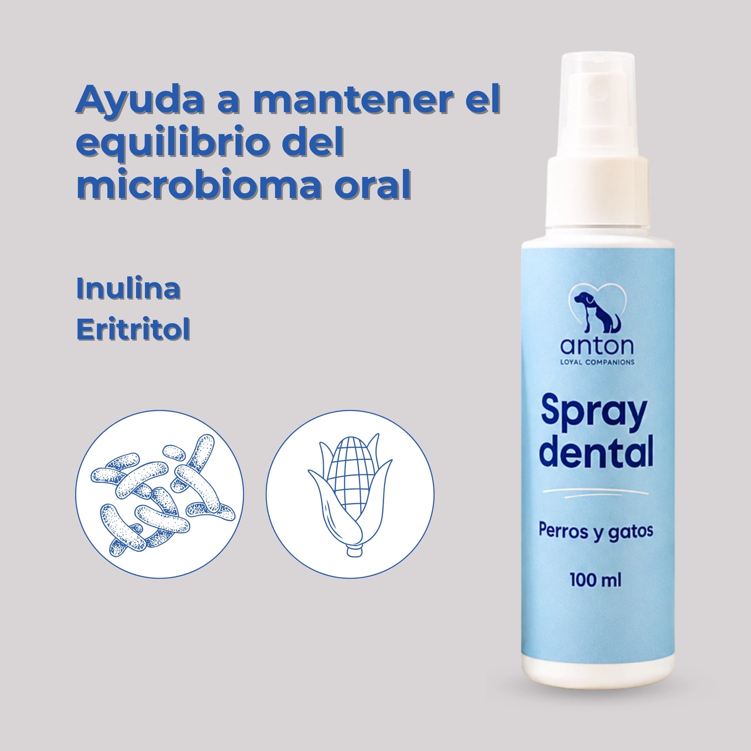 Spray .dental natural para perros y gatos con inulina y eritritol que ayuda a mantener el equilibrio del microbioma oral y una buena higiene bucal