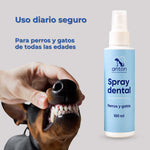 Spray dental natural para perros y gatos apto para uso diario, formulado para ayudar a mantener una buena higiene bucal en animales de todas las edades