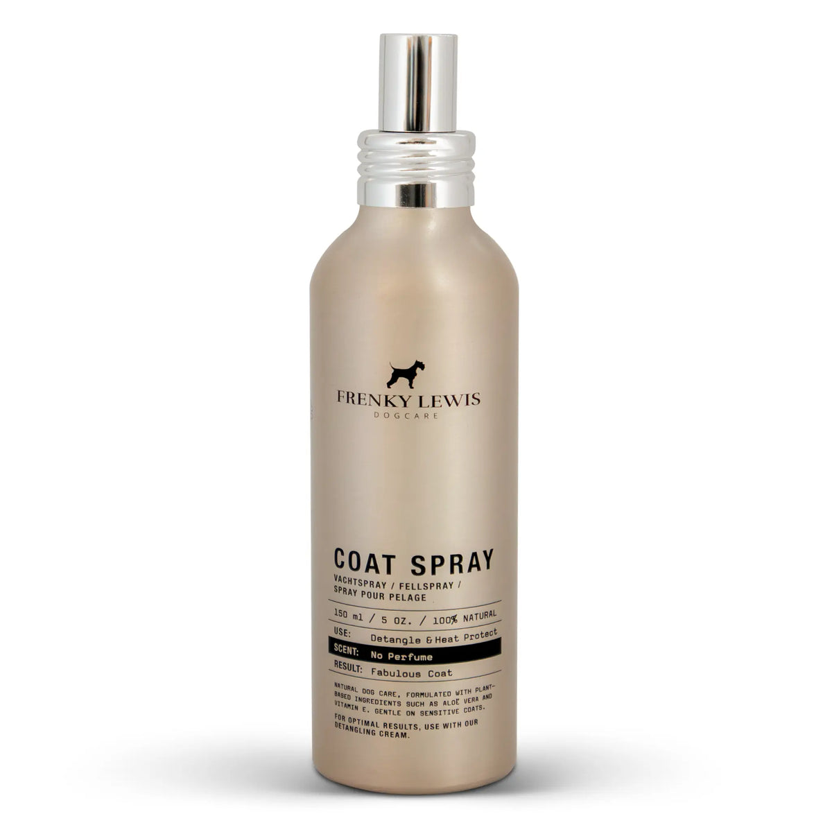 Spray desenredante y protector térmico del pelaje Frenky Lewis para perros, sin perfume, en envase beige de 150 ml con pulverizador plateado, sobre fondo blanco.
