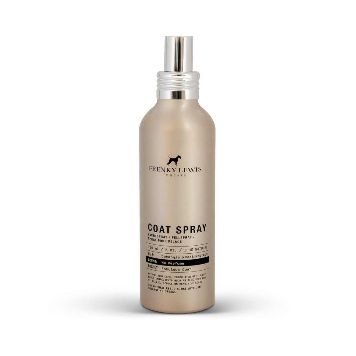 Spray desenredante y protector térmico para perros Frenky Lewis No Perfume de 150 ml, en frasco beige con pulverizador plateado.