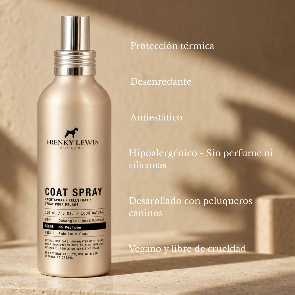 Spray desenredante y protector térmico Frenky Lewis para perros, con efecto antiestático, fórmula hipoalergénica sin perfume ni siliconas.