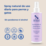 Spray natural neutralizador de olores ANTON para perros y gatos, de uso diario, sin parabenos ni alcohol, con ingredientes de origen natural y fórmula vegana.