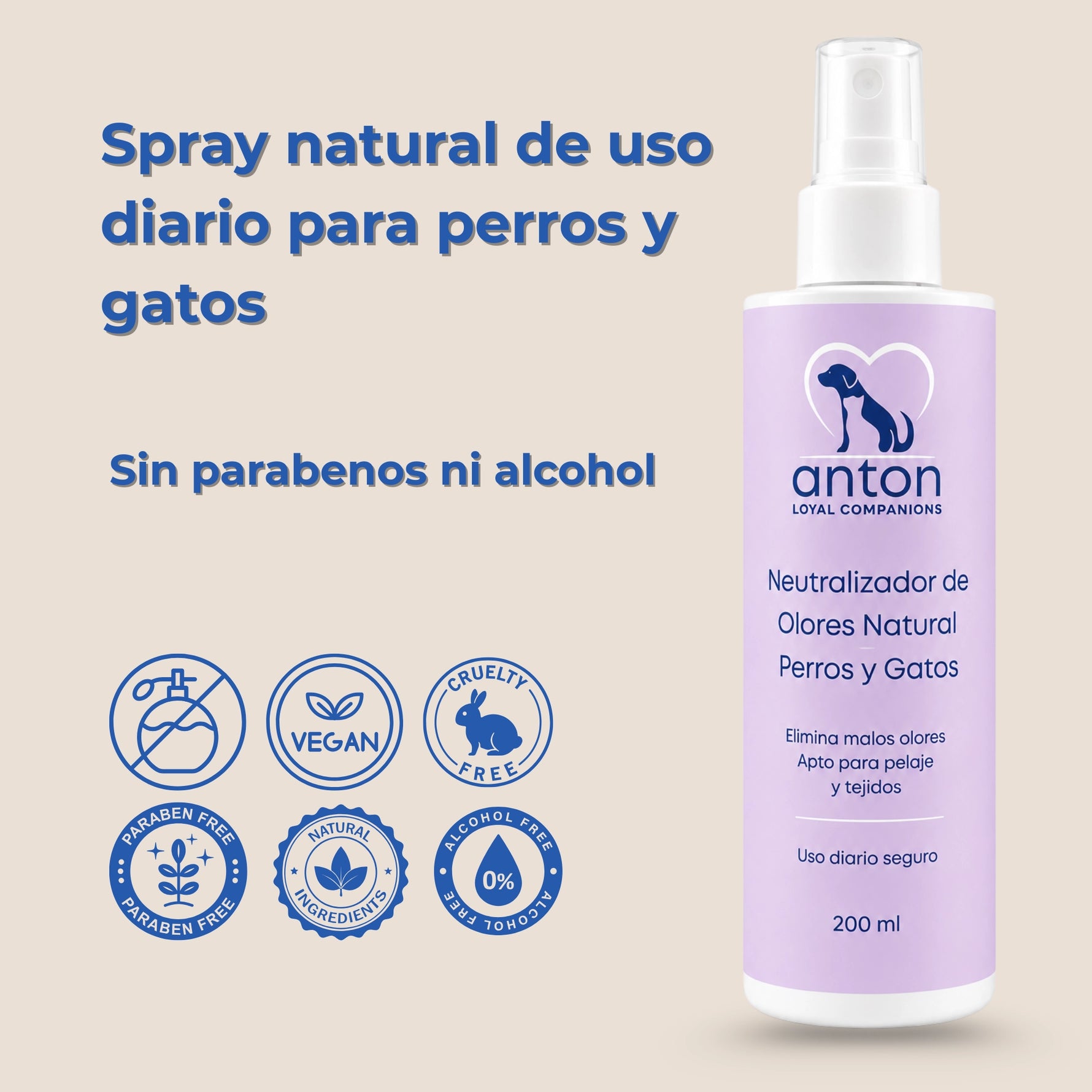 Spray natural neutralizador de olores ANTON para perros y gatos, de uso diario, sin parabenos ni alcohol, con ingredientes de origen natural y fórmula vegana.