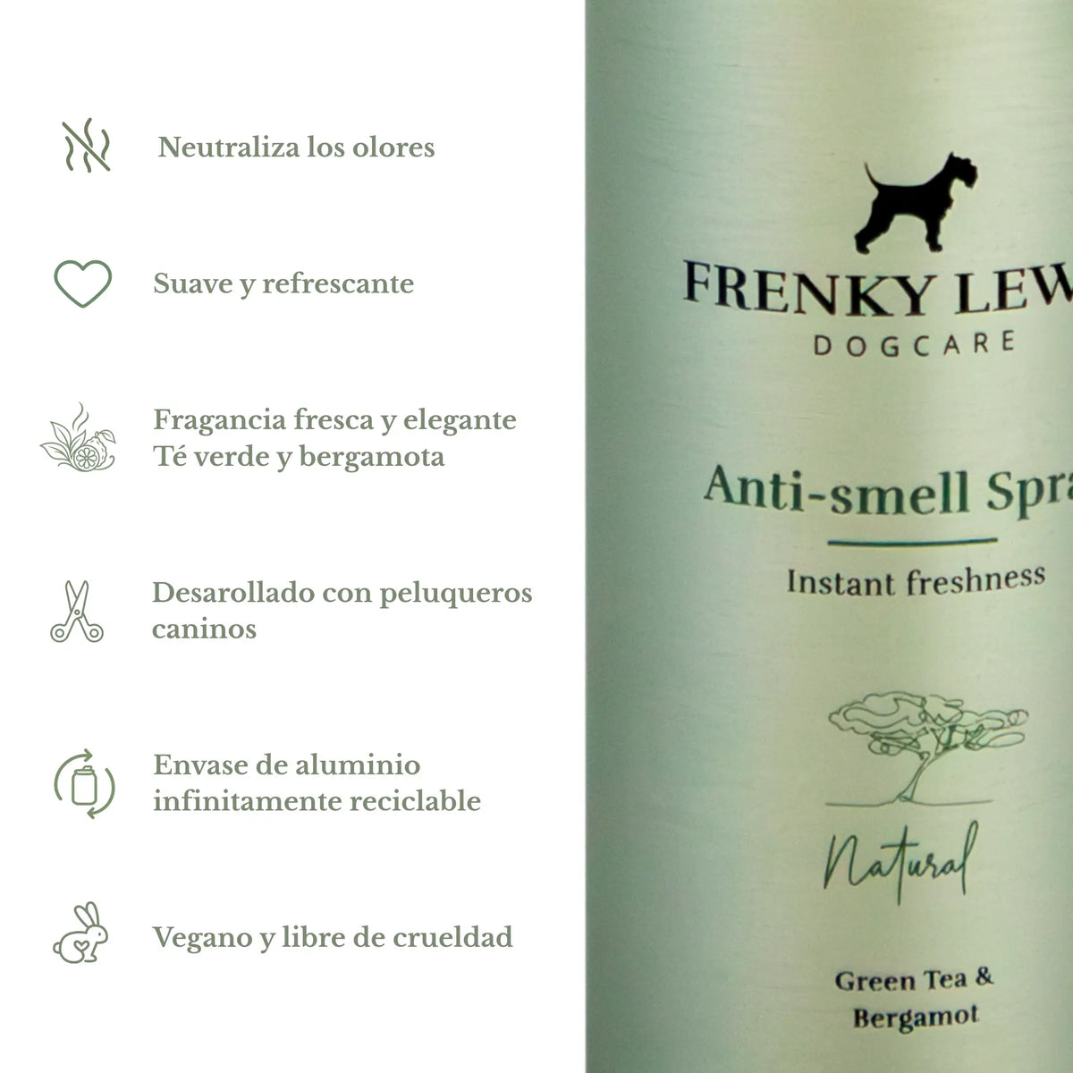 Spray neutralizador de olores para perros Frenky Lewis Green Tea & Bergamot, con fragancia refrescante, fórmula vegana y envase de aluminio reciclable.