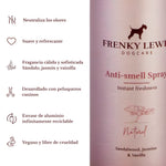 Spray neutralizador de olores para perros Frenky Lewis Sandalwood, Jasmine & Vanilla, con fragancia de sándalo, jazmín y vainilla, fórmula vegana y envase de aluminio reciclable.