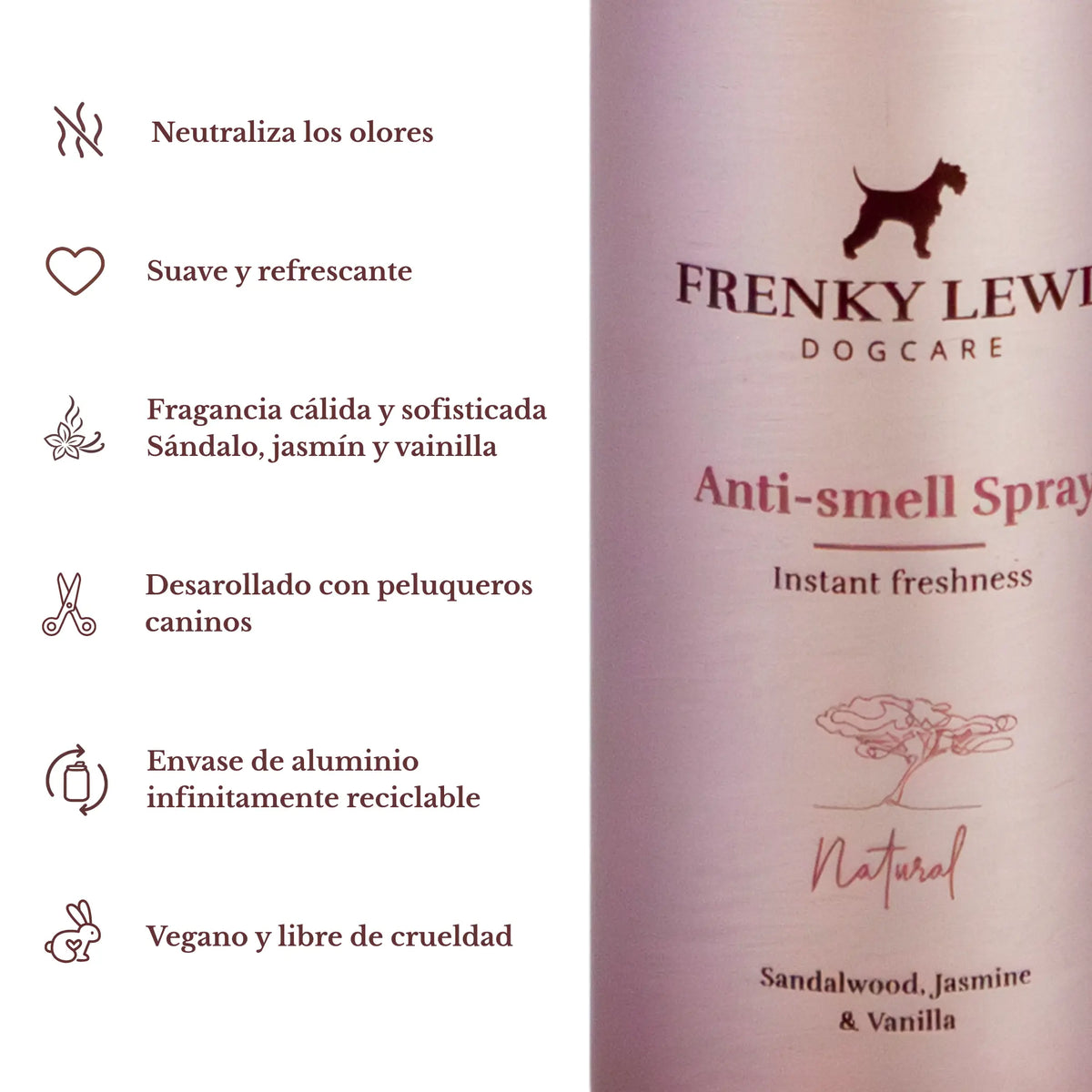 Spray neutralizador de olores para perros Frenky Lewis Sandalwood, Jasmine & Vanilla, con fragancia de sándalo, jazmín y vainilla, fórmula vegana y envase de aluminio reciclable.
