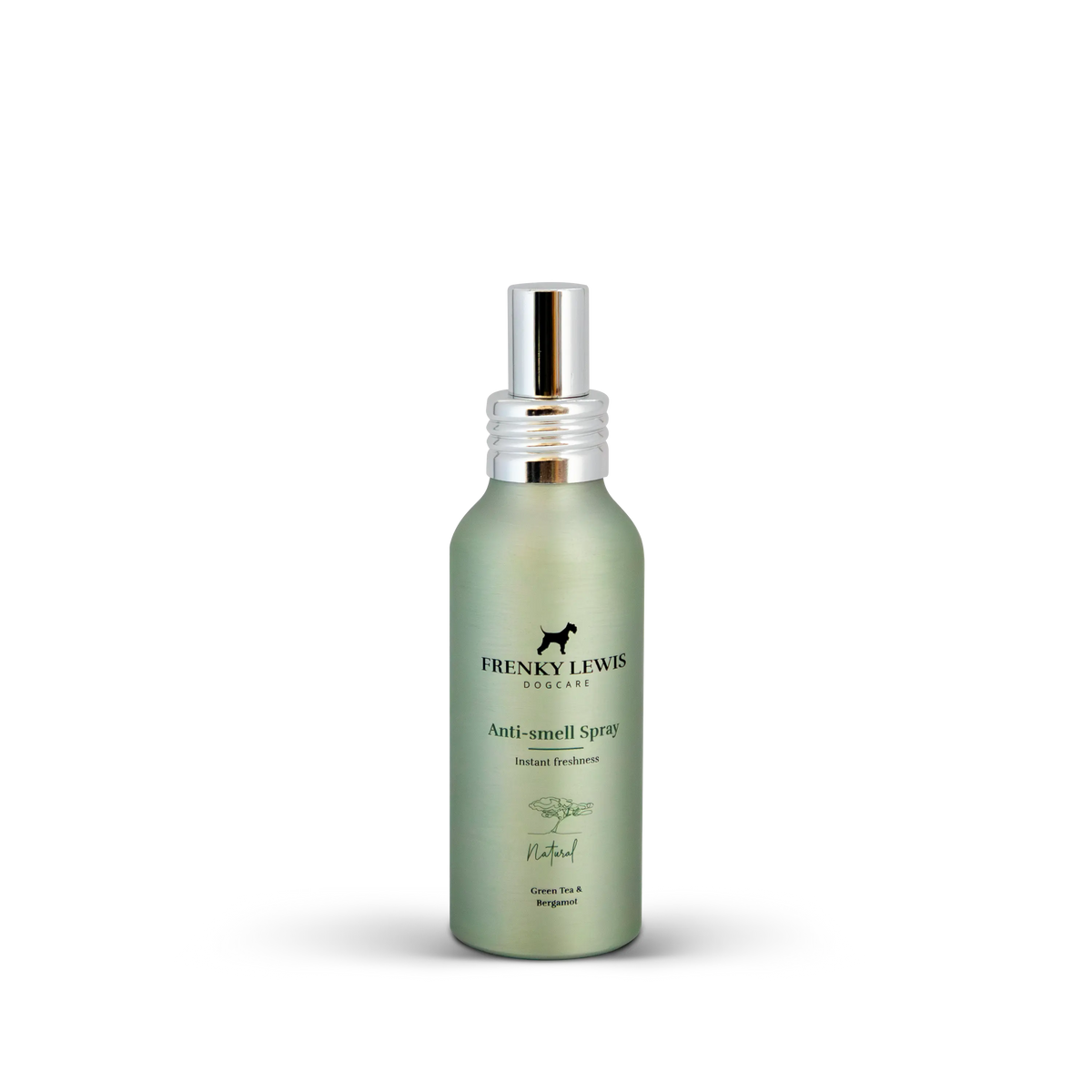 Spray neutralizador de olores para perros Frenky Lewis Green Tea & Bergamot de 100 ml, en frasco verde con pulverizador plateado.