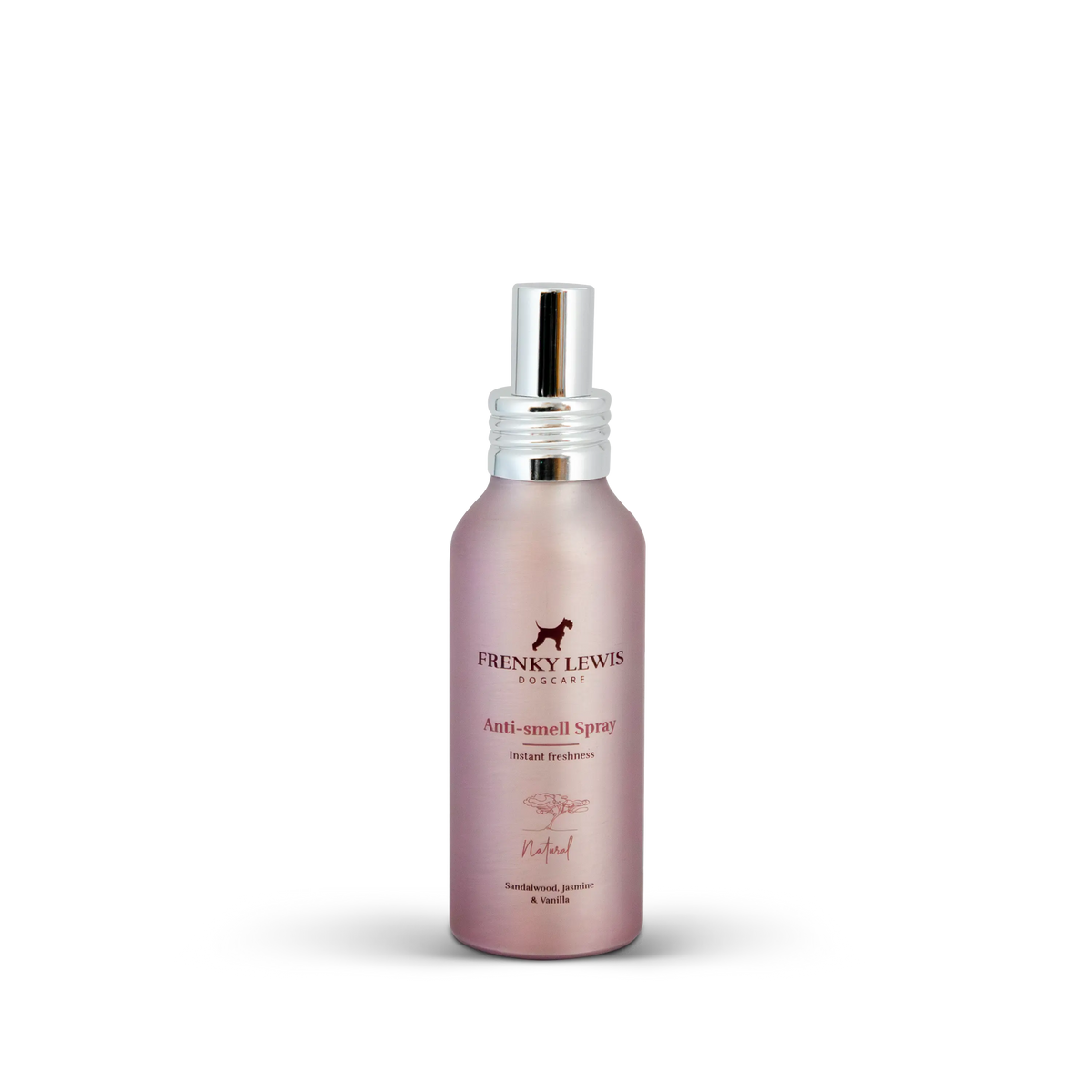 Spray neutralizador de olores para perros Frenky Lewis Sandalwood, Jasmine & Vanilla de 100 ml, en frasco rosa con pulverizador plateado.