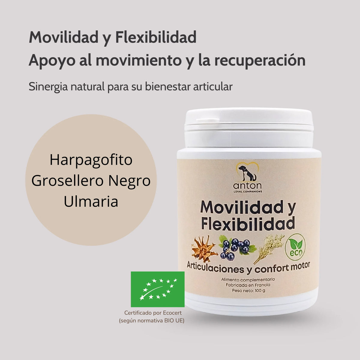 Fórmula Movilidad y Flexibilidad ECO para perros y gatos – harpagofito, grosellero negro y ulmaria para confort articular natural | ANTON Loyal Companions