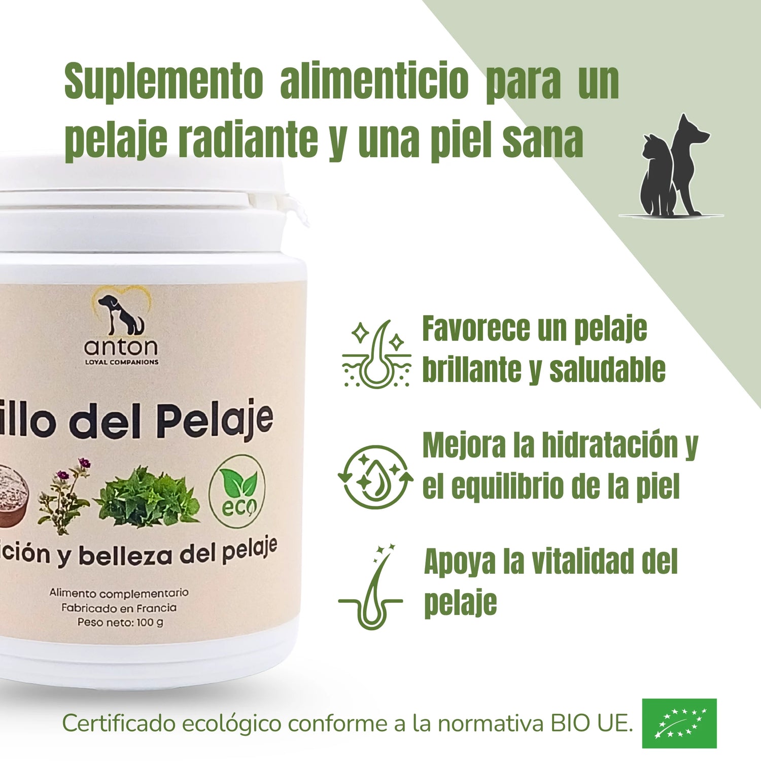 Suplemento natural ecológico para perros y gatos que favorece un pelaje brillante y una piel sana, formulado en Francia por ANTON Loyal Companions