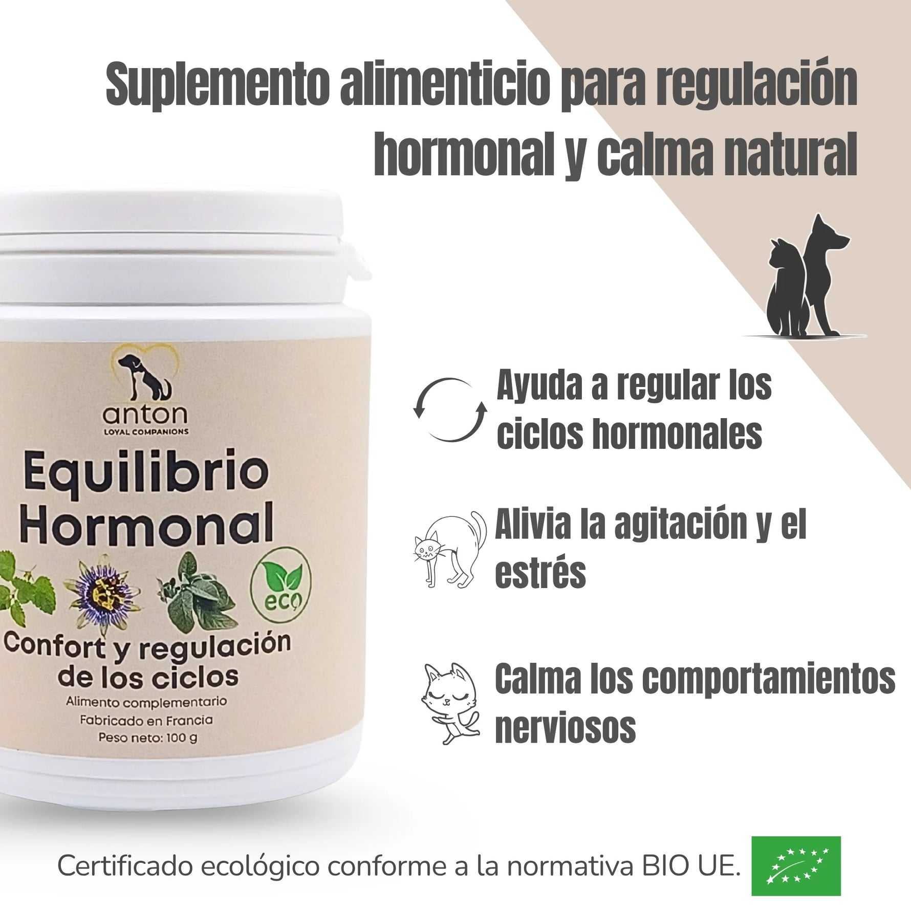 Suplemento natural para perros y gatos ANTON Loyal Companions – Regula los ciclos hormonales, alivia la agitación y calma el comportamiento nervioso