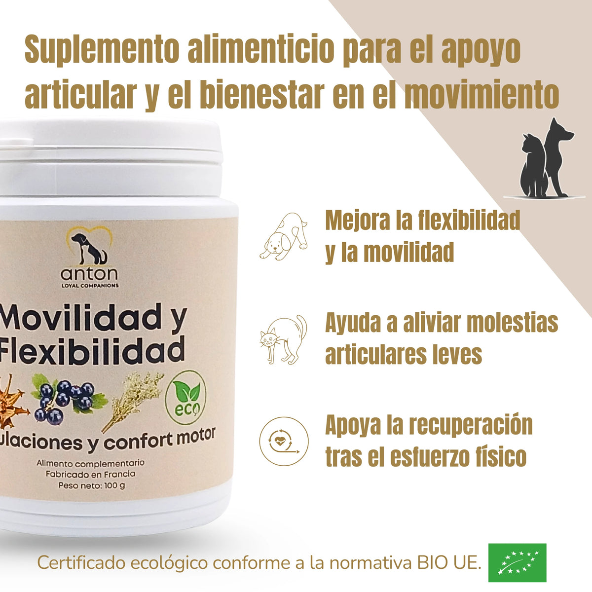 Suplemento natural ecológico para perros y gatos que apoya la movilidad y la flexibilidad articular, ayudando al bienestar en el movimiento, formulado en Francia por ANTON Loyal Companions