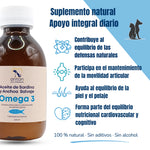 Botella de omega 3 para perros y gatos con beneficios destacados como defensas naturales, movilidad articular, salud de la piel y equilibrio cardiovascular y cognitivo